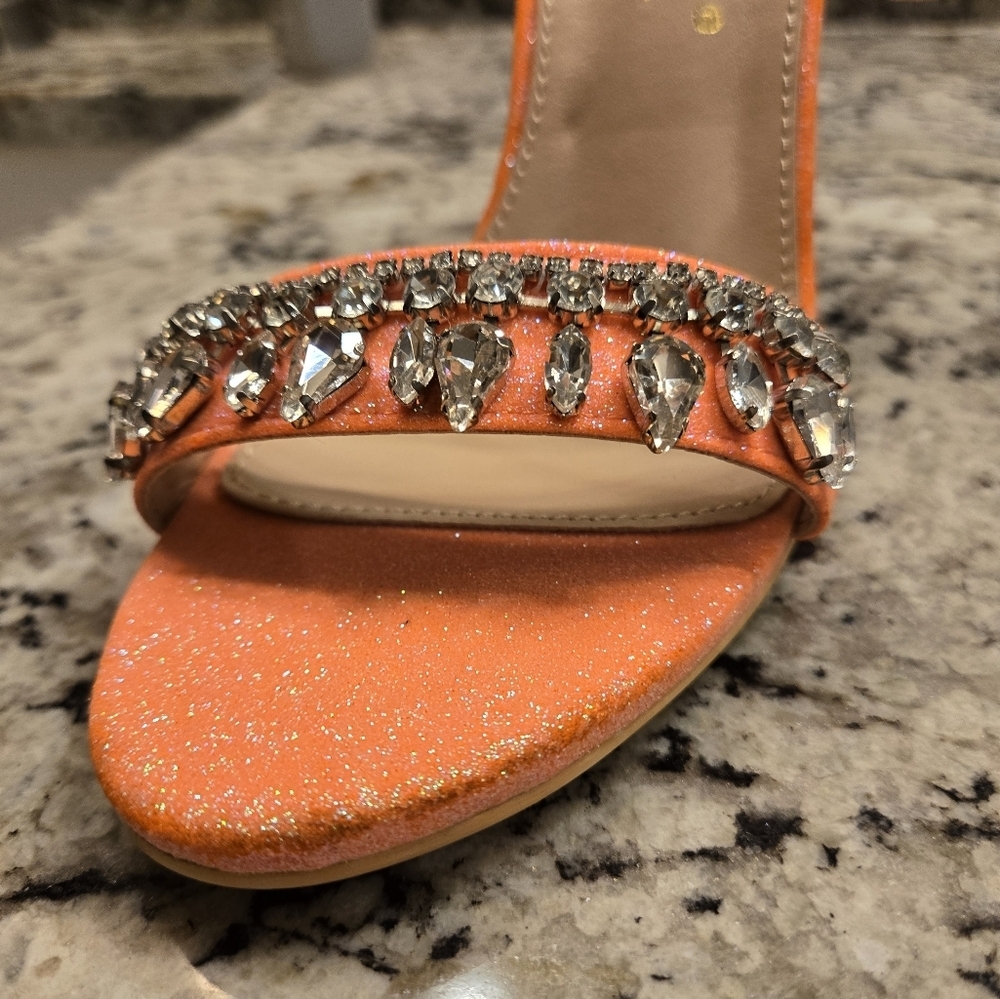 Allegra K Glitter Rhinestone Stiletto heel slip on Open Toe sandals Orange 7 - Picture 10 of 12